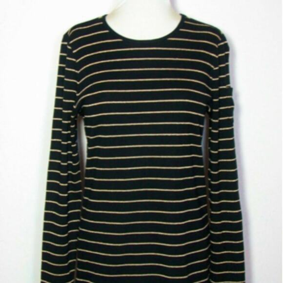 Ralph Lauren Classic Black W Gold Metallic Stripes Scoop Neck Long Sleeve Office - Picture 1 of 5